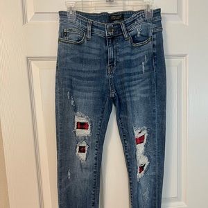 New Judy Blue Distressed Denim Jeans with Plaid Patches